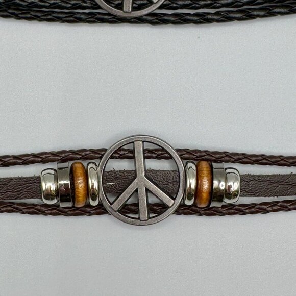 Boho Peace Sign Faux Leather Bracelet – 8” Blue and Black #1482 - Picture 8 of 10